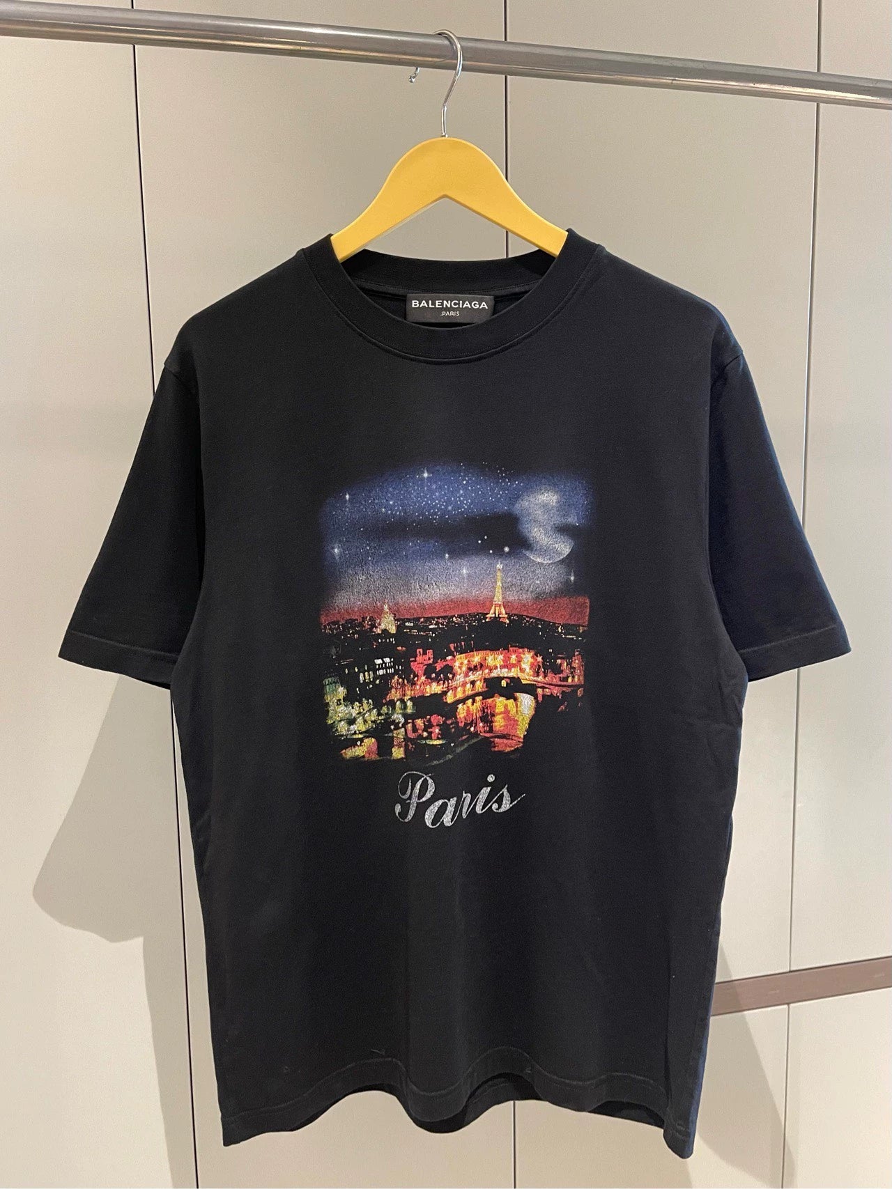 Balenciaga Black Paris Night Print Round Neck Short Sleeve