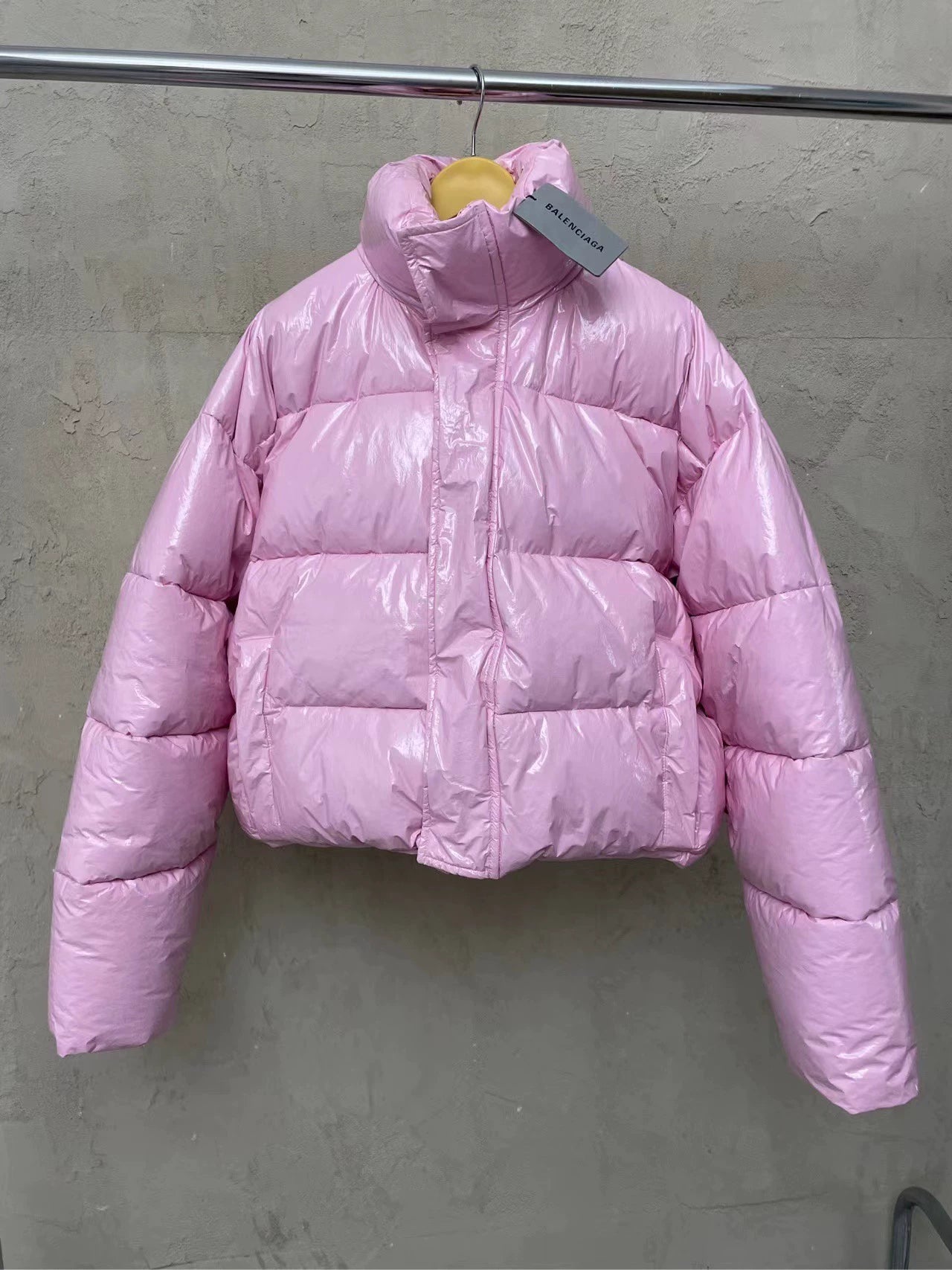 Balenciaga pink glossy stand up collar down jacket