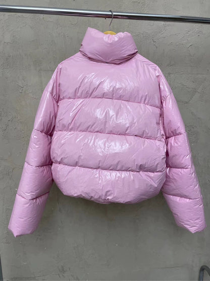 Balenciaga pink glossy stand up collar down jacket