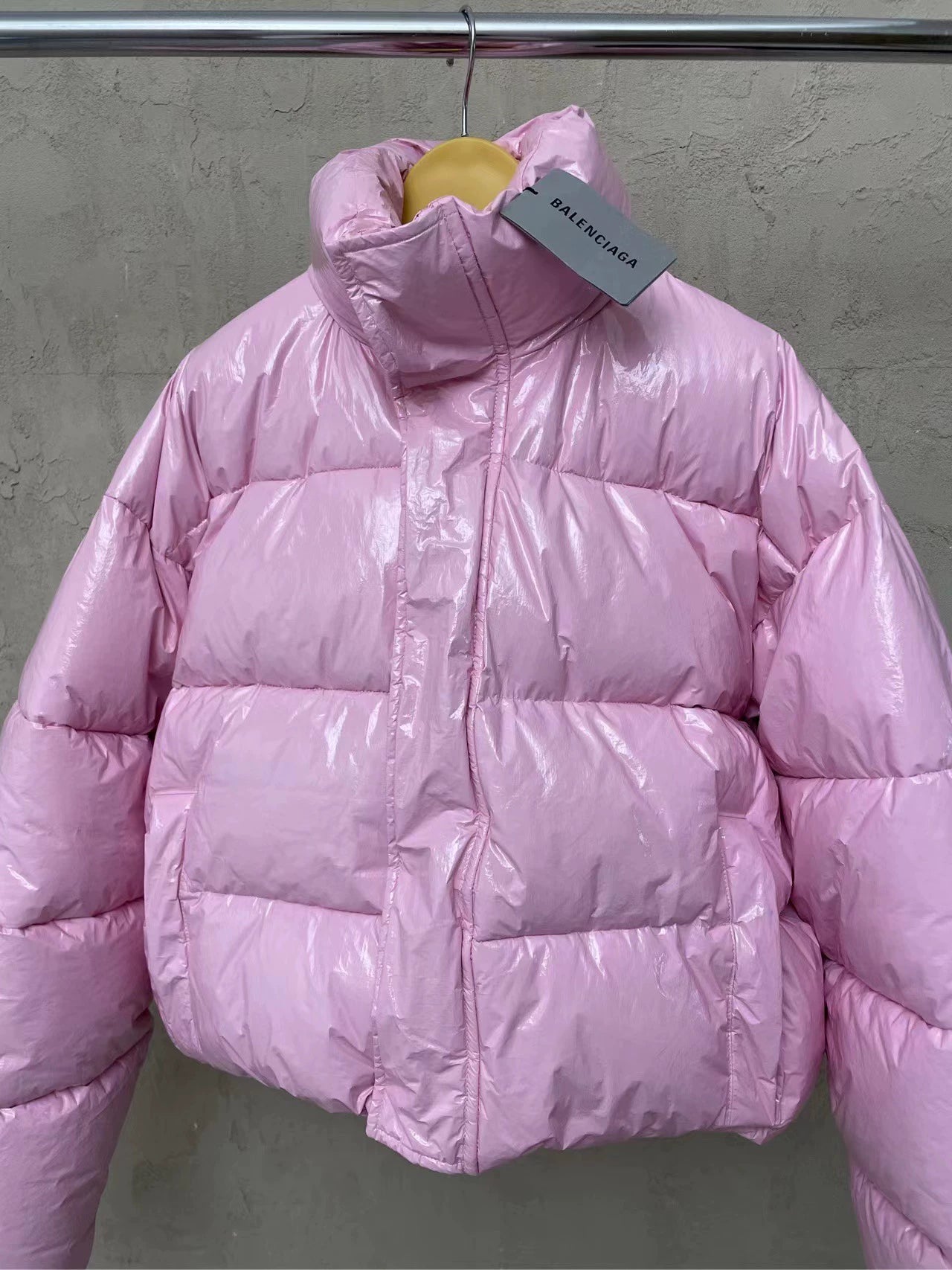 Balenciaga pink glossy stand up collar down jacket