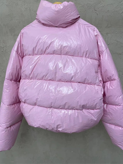 Balenciaga pink glossy stand up collar down jacket