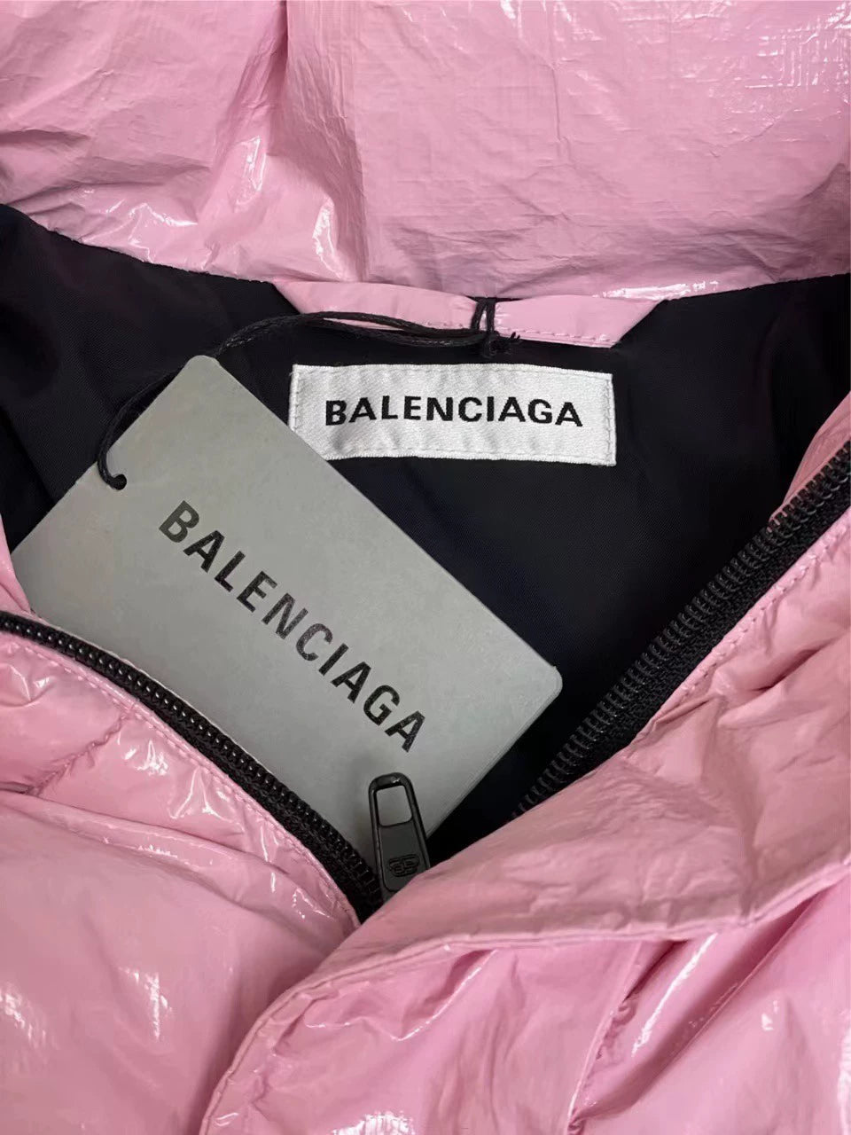 Balenciaga pink glossy stand up collar down jacket