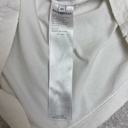 Balenciaga white cursive logo is damaged and worn short sleeved