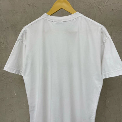 Balenciaga white cursive logo is damaged and worn short sleeved