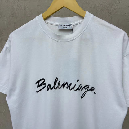 Balenciaga white cursive logo is damaged and worn short sleeved