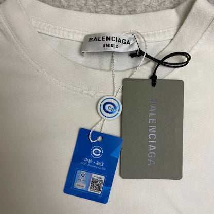 Balenciaga white cursive logo is damaged and worn short sleeved