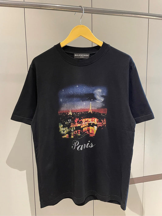 Balenciaga Black Paris Night Print Round Neck Short Sleeve T-shirt