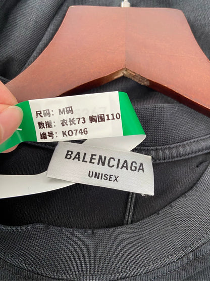 Balenciaga SS22 Maison Series BB Letter Logo Printed Cracks Wear and Tear Hole Making Old Washing Retro Loose Round Neck Short Sleeve