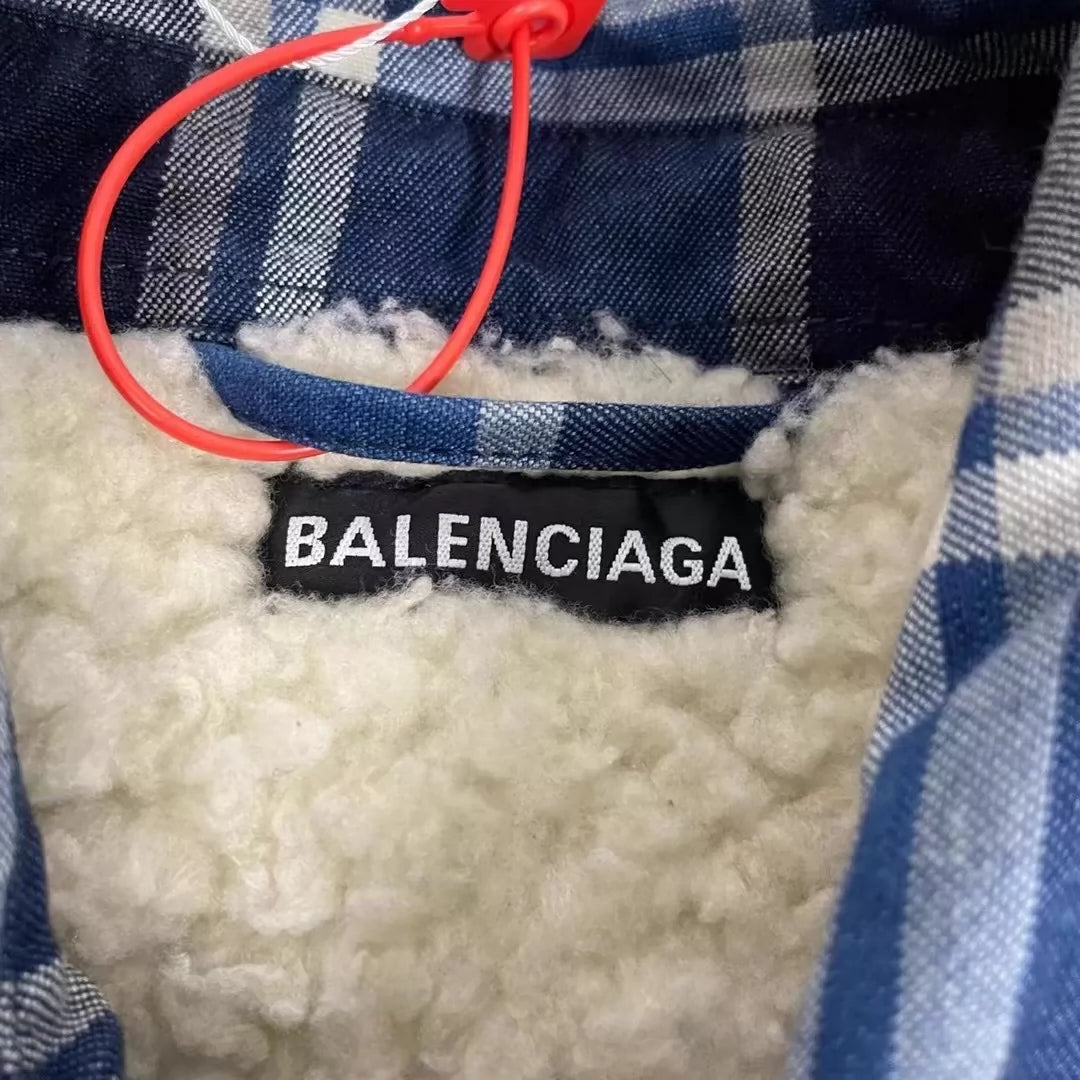 Balenciaga silhouette lamb wool blue checkered jacket