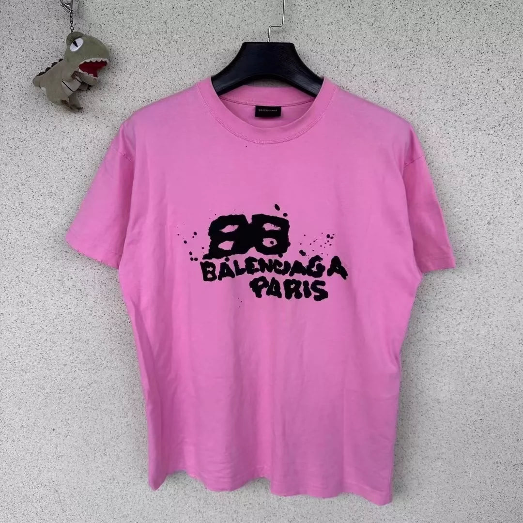 Balenciaga new pink double-B splashed graffiti short sleeved shirt