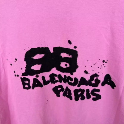 Balenciaga new pink double-B splashed graffiti short sleeved shirt