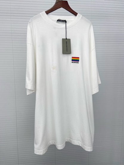 Balenciaga colorful national flag embroidered logo with white letters on the back short sleeved shirt