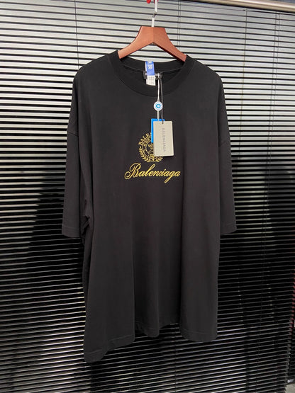 Balenciaga Gold Embroidery Pattern Black Short Sleeve