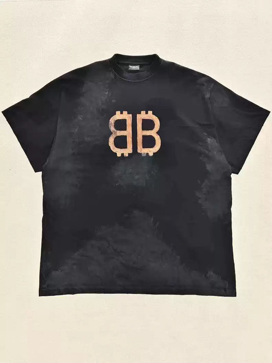 Balenciaga 23FW mud dyed Bitcoin distressed short sleeved T-shirt
