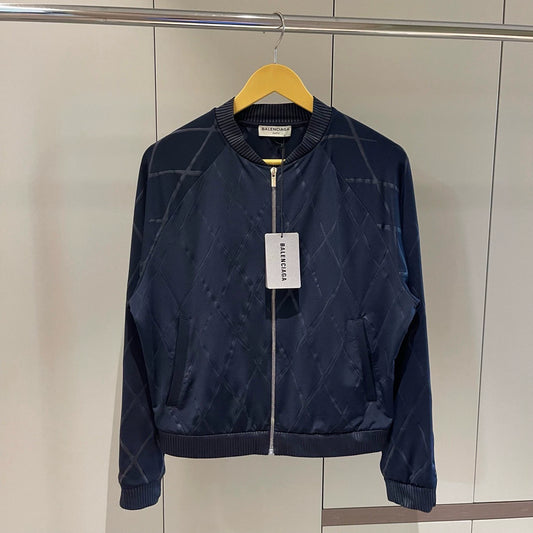 Balenciaga navy blue diamond grid decoration silk zipper jacket