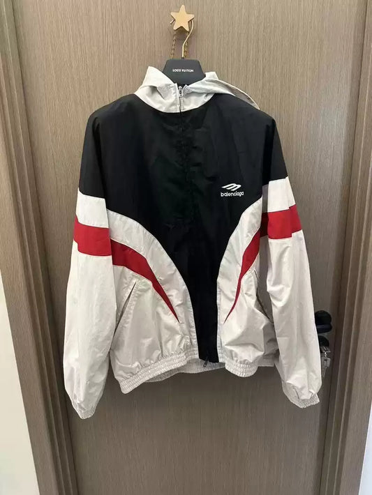 Balenciaga new black, white, and red color blocked hooded sports jacket