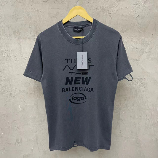 Balenciaga washed grey slogan logo damaged short sleeved shirt