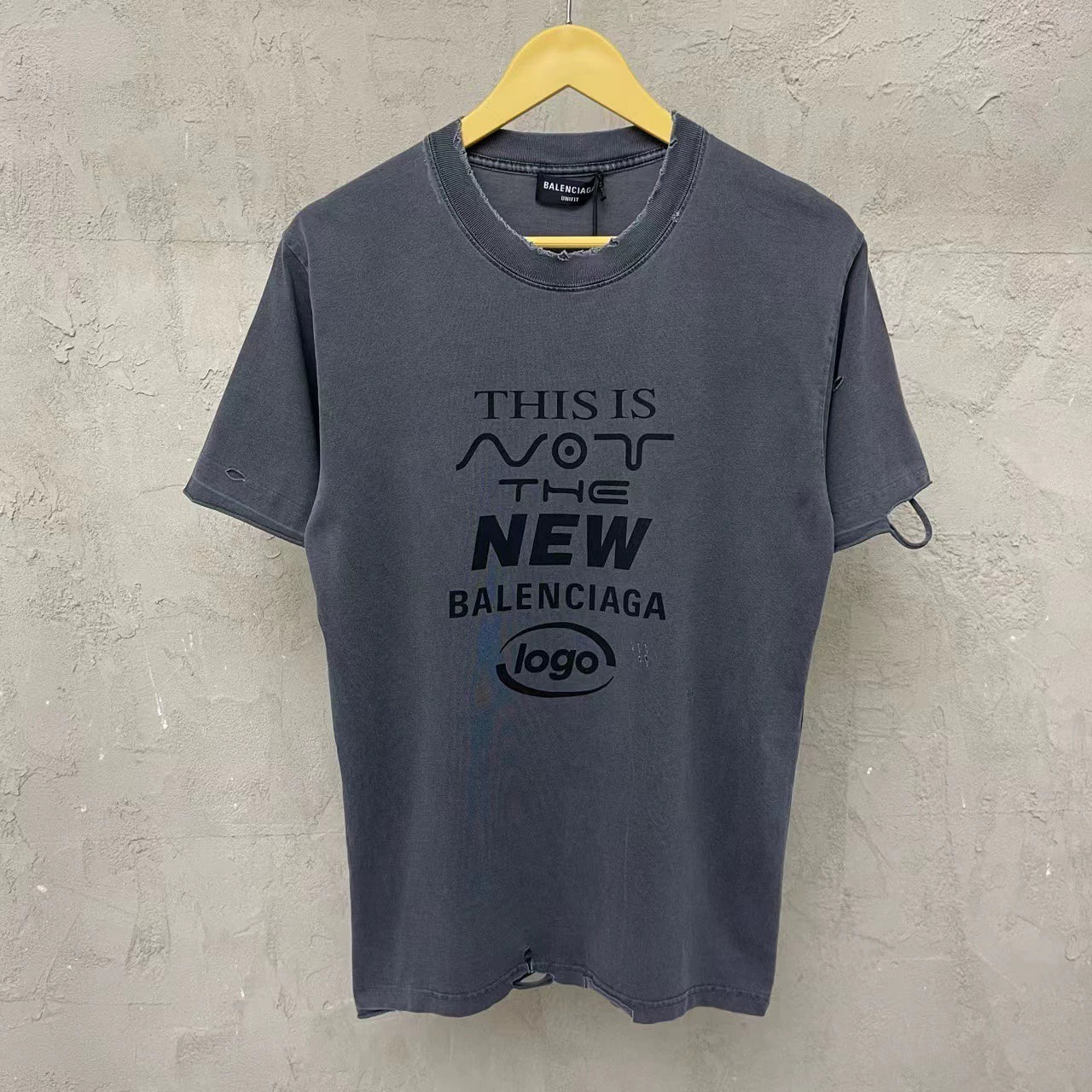 Balenciaga washed grey slogan logo damaged short sleeved shirt