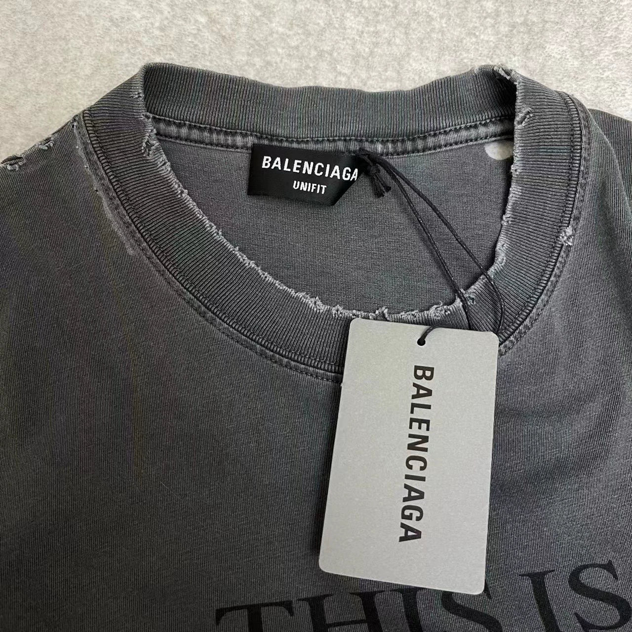 Balenciaga washed grey slogan logo damaged short sleeved shirt