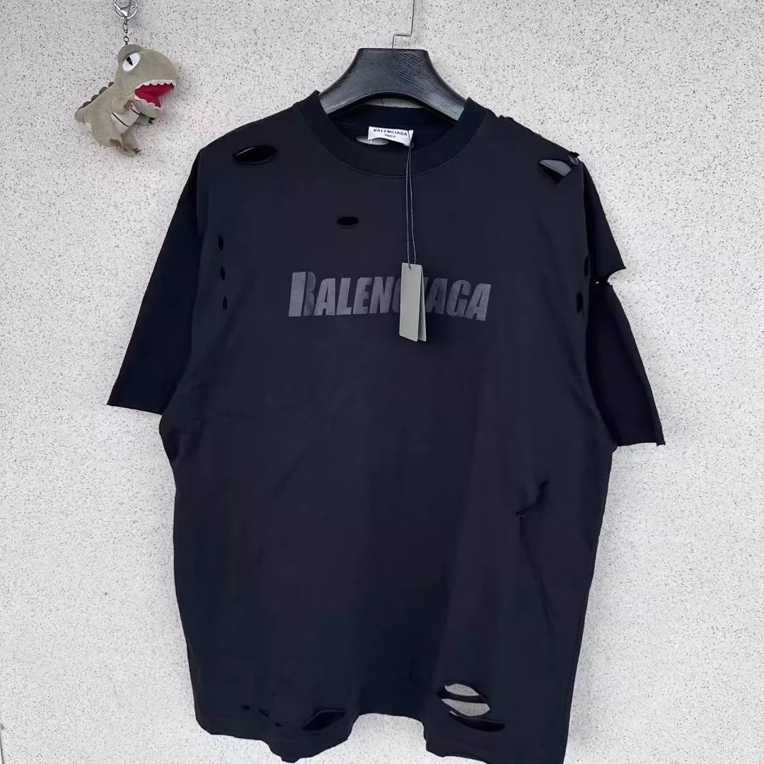 Balenciaga new pure black perforated short sleeved shirt