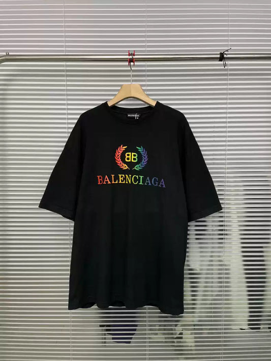 Balenciaga Black Double B Rainbow Wheat Ear Short Sleeve