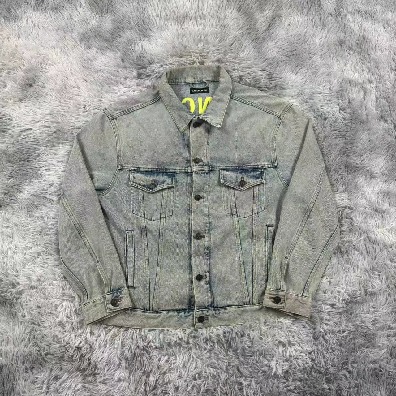 Balenciaga yellow letter logo washed blue denim jacket