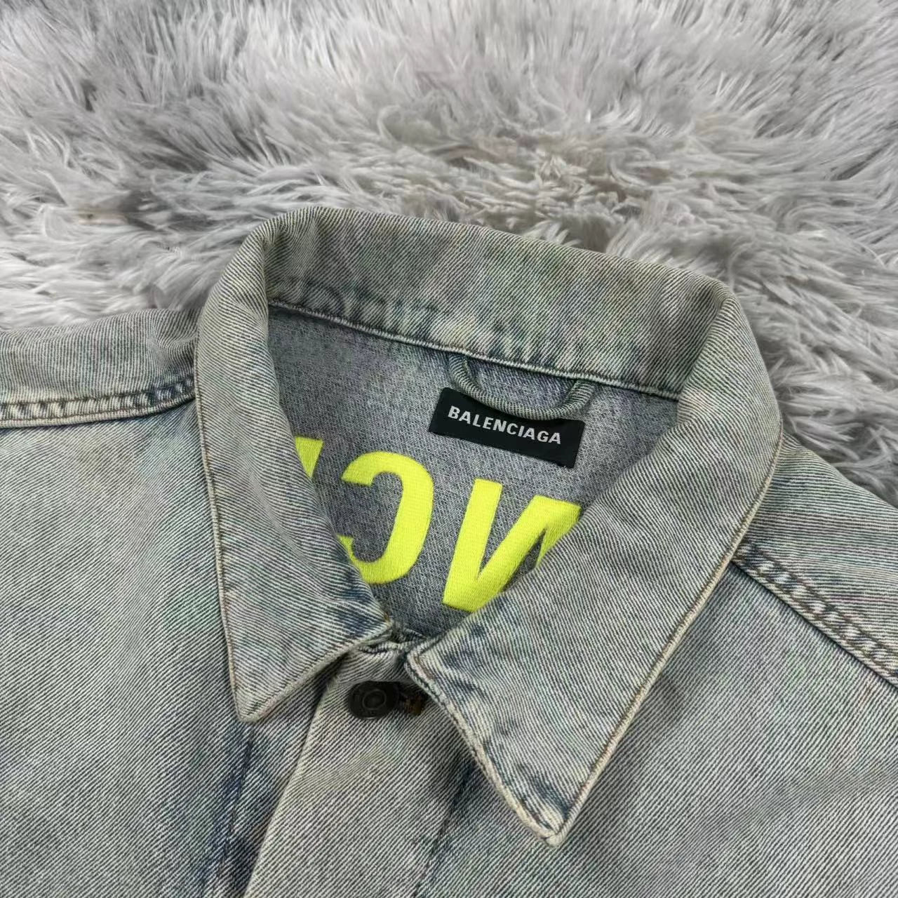 Balenciaga yellow letter logo washed blue denim jacket