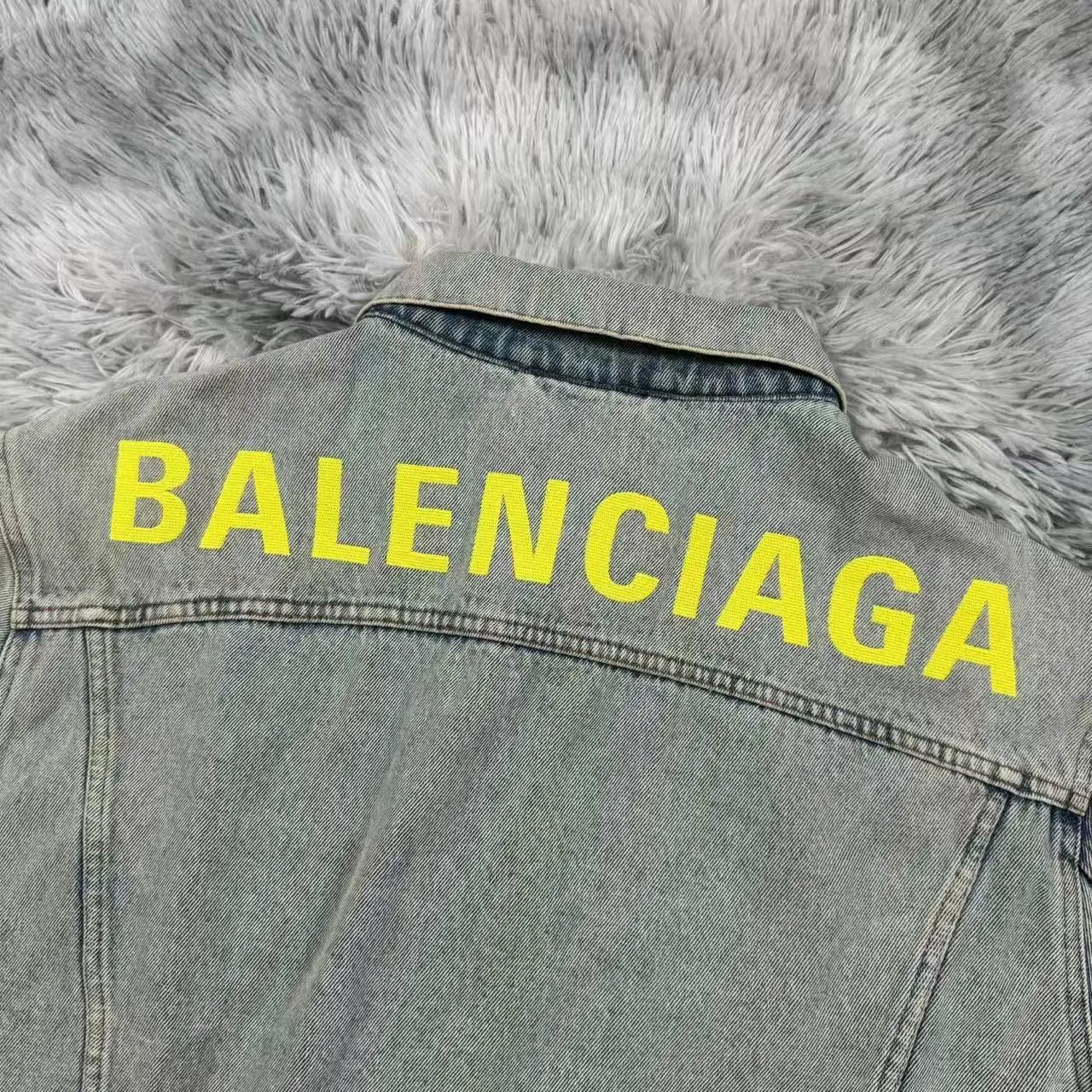 Balenciaga yellow letter logo washed blue denim jacket