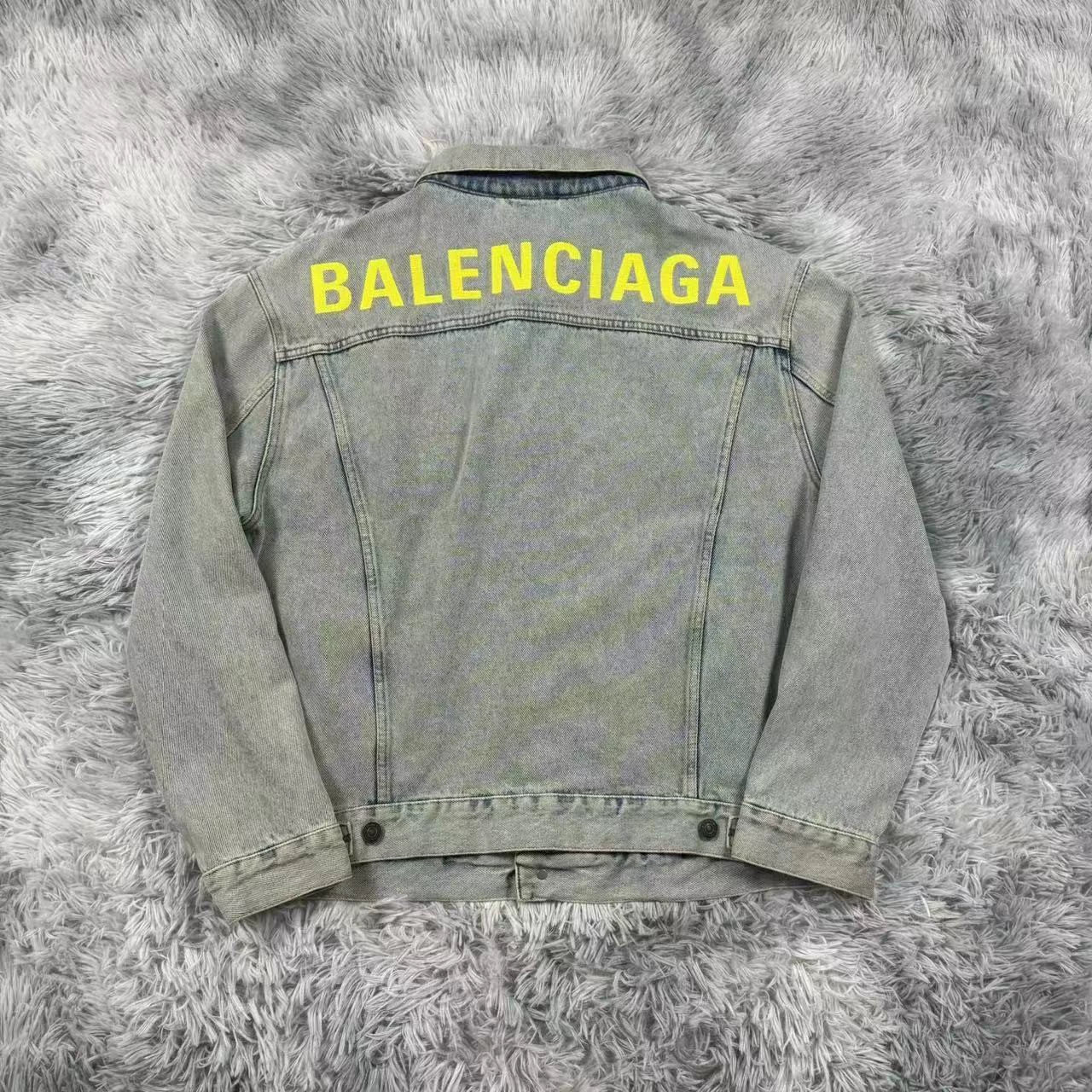 Balenciaga yellow letter logo washed blue denim jacket