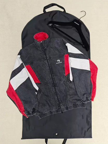 Balenciaga Sportyb denim black and red color blocked washed distressed jacket