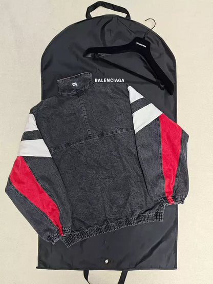 Balenciaga Sportyb denim black and red color blocked washed distressed jacket