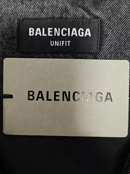 Balenciaga Sportyb denim black and red color blocked washed distressed jacket