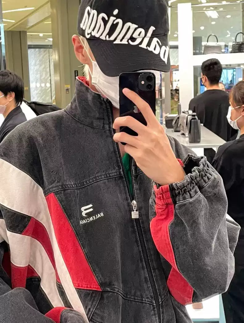 Balenciaga Sportyb denim black and red color blocked washed distressed jacket