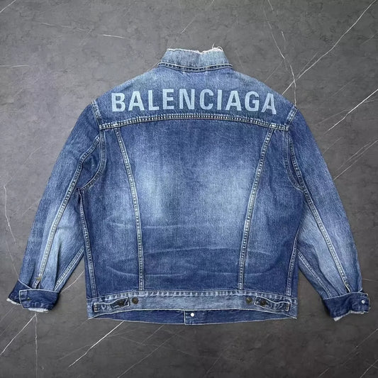 Balenciaga back logo damaged washed blue denim jacket