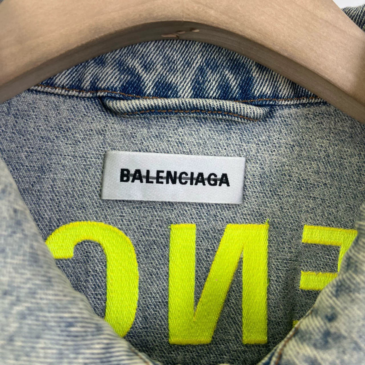 Balenciaga yellow mud back logo embroidered denim jacket