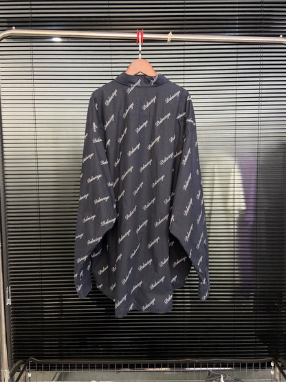 Balenciaga with full print of bullet screen cursive letter logo, dark blue shirt