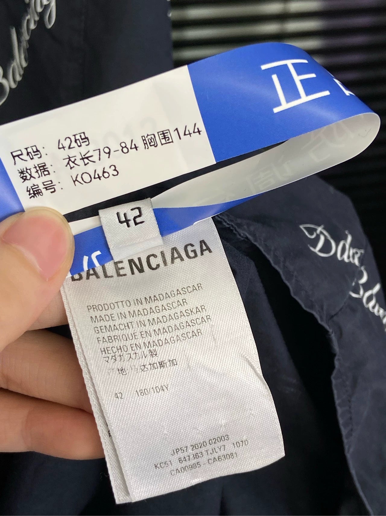 Balenciaga with full print of bullet screen cursive letter logo, dark blue shirt