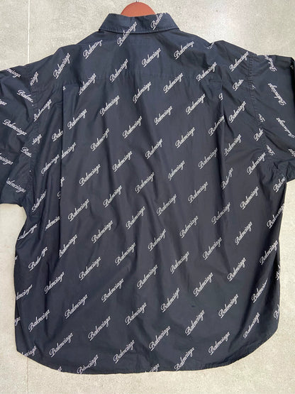 Balenciaga with full print of bullet screen cursive letter logo, dark blue shirt