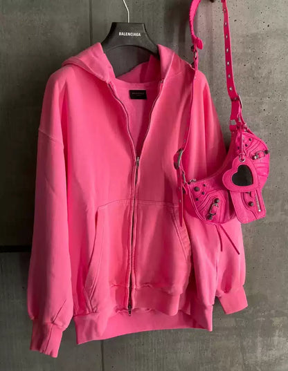 Balenciaga 23ss Distressed Pink Zippered Jacket Hoodie