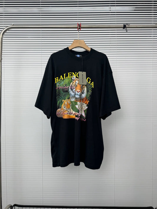 Balenciaga Jungle Tiger logo letter crack damaged black short sleeved shirt