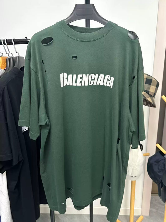 Balenciaga22ss large damage crack logo distressed short sleeved T-shirt