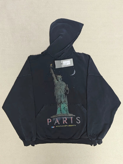 Balenciaga 24fw Statue of Liberty destroyed hooded sweatshirt