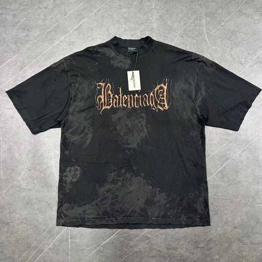 Balenciaga SS23 vintage mud dyed Sanskrit letter short sleeved shirt