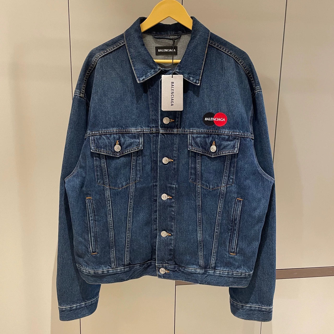 Balenciaga deep blue embroidered Mastercard logo denim jacket