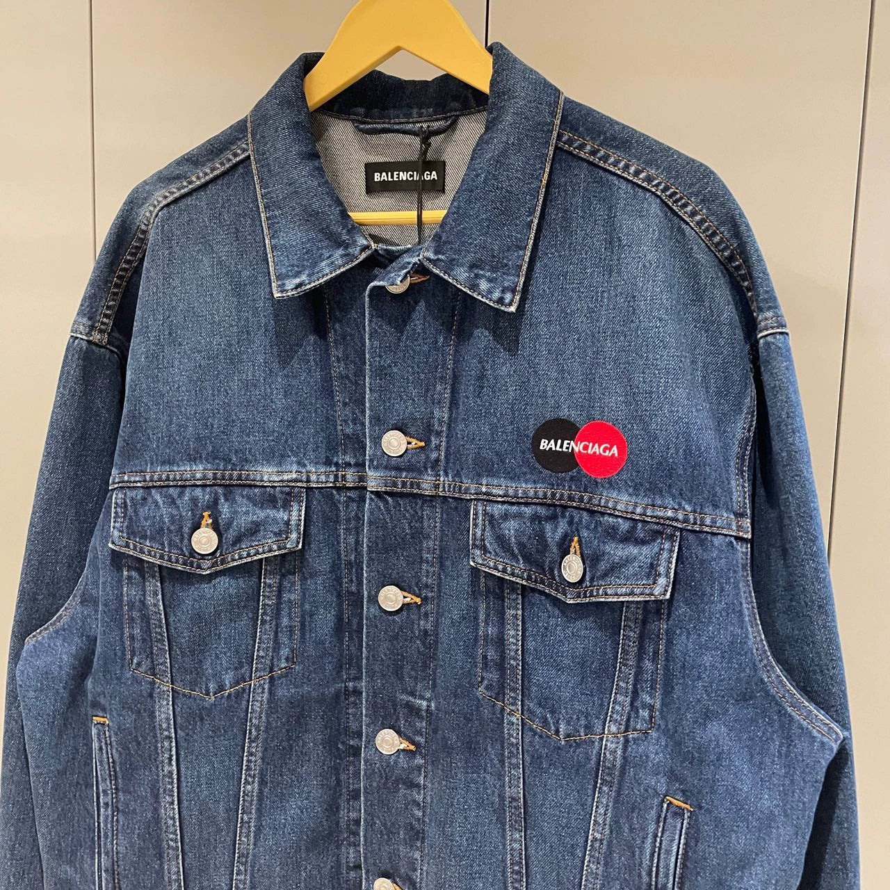 Balenciaga deep blue embroidered Mastercard logo denim jacket