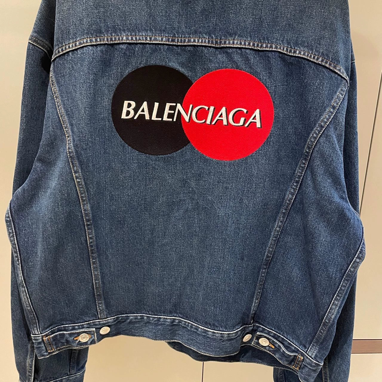 Balenciaga deep blue embroidered Mastercard logo denim jacket