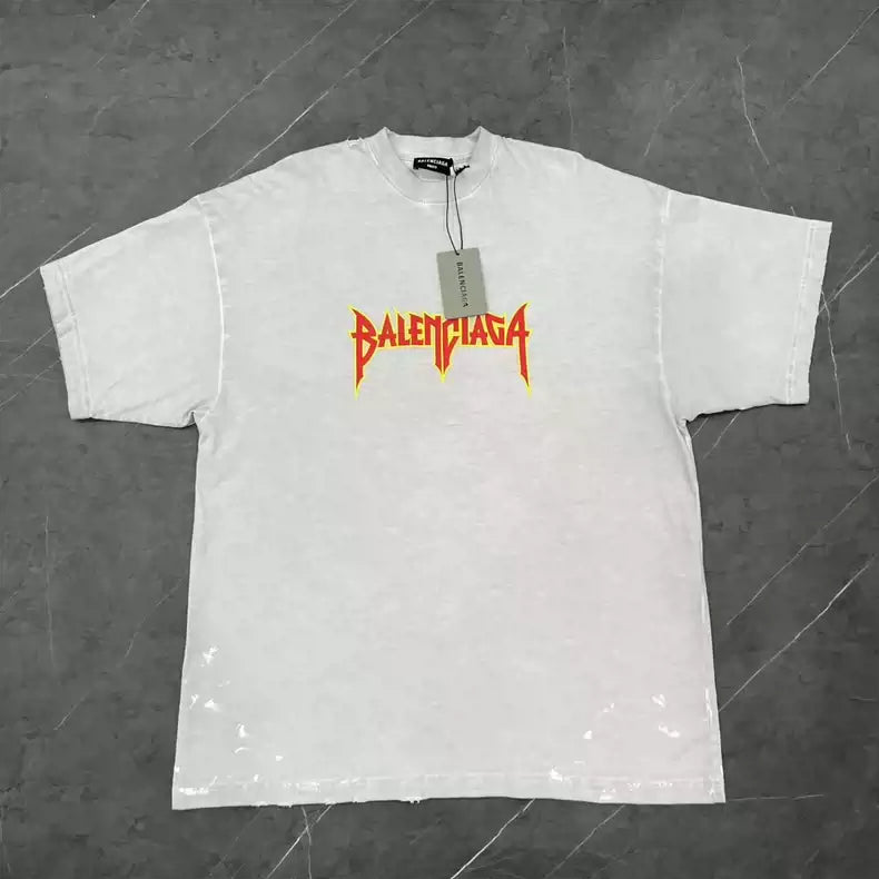 Balenciaga flame logo splashed ink to make old rock short sleeved shirt