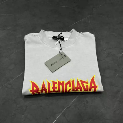 Balenciaga flame logo splashed ink to make old rock short sleeved shirt