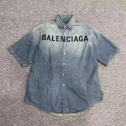 Balenciaga embroidered logo light blue washed denim shirt