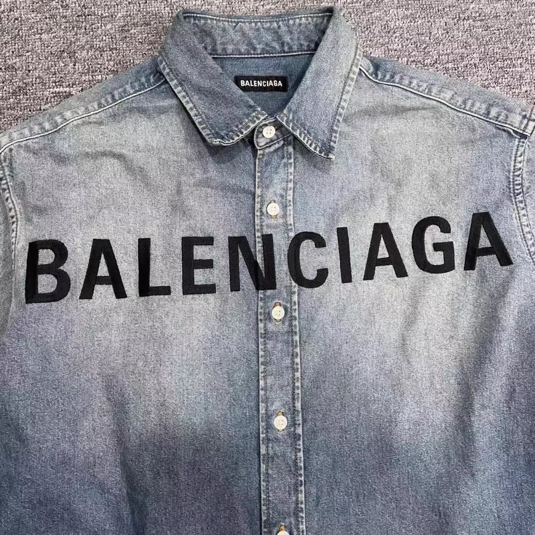 Balenciaga embroidered logo light blue washed denim shirt